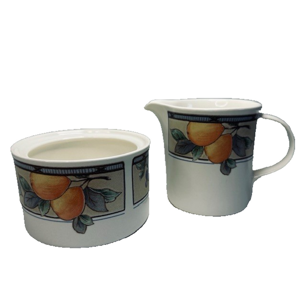 Mikasa Garden Harvest Creamer & Sugar bowl Intaglio, Fruit & Leaves On Rim Cream